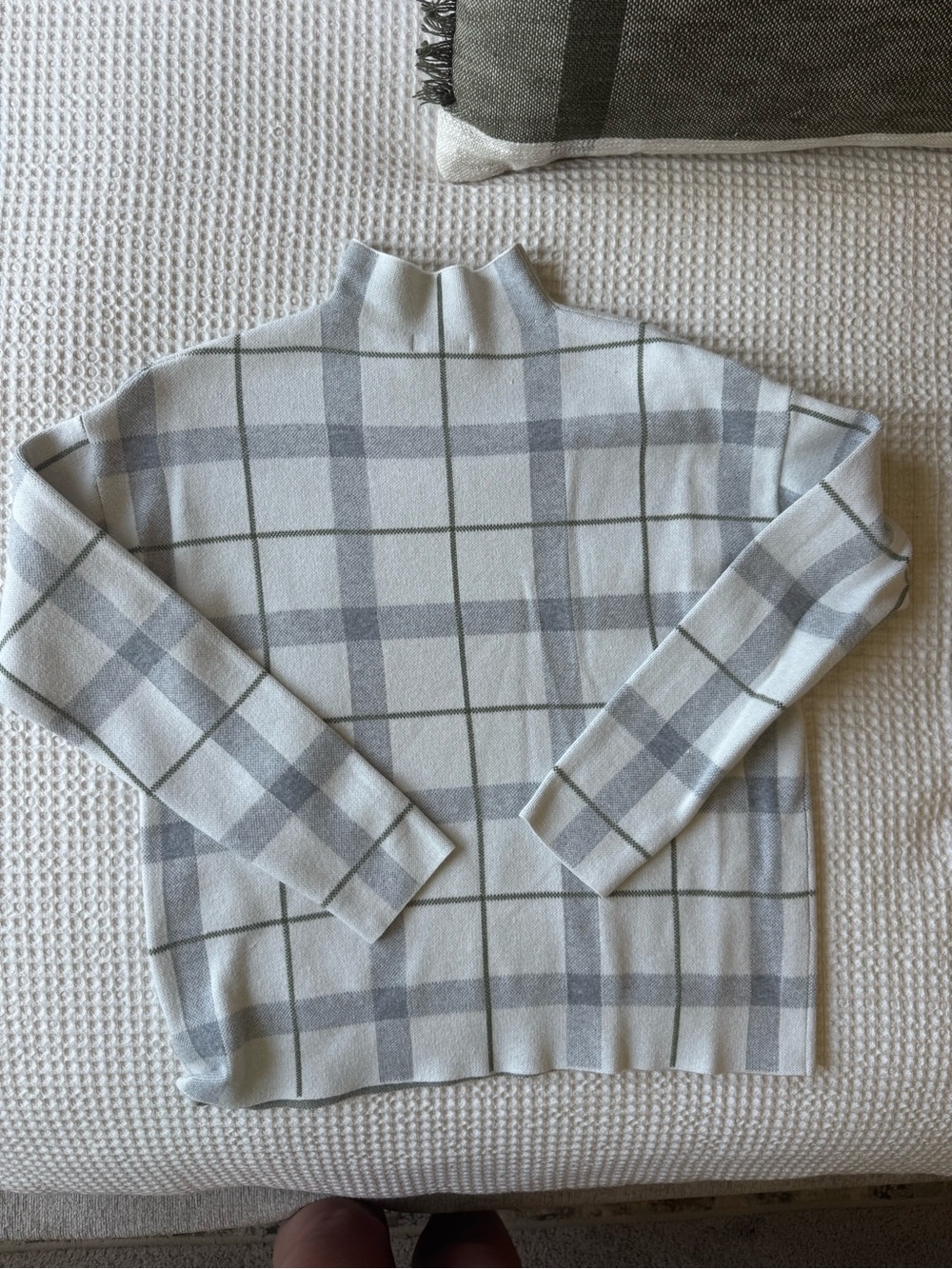 Jones New York Cream and Gray Plaid Mock Neck Sweater